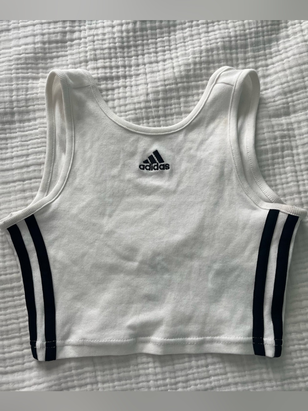 adidas White Ribbed Crop Tank with Black Trim